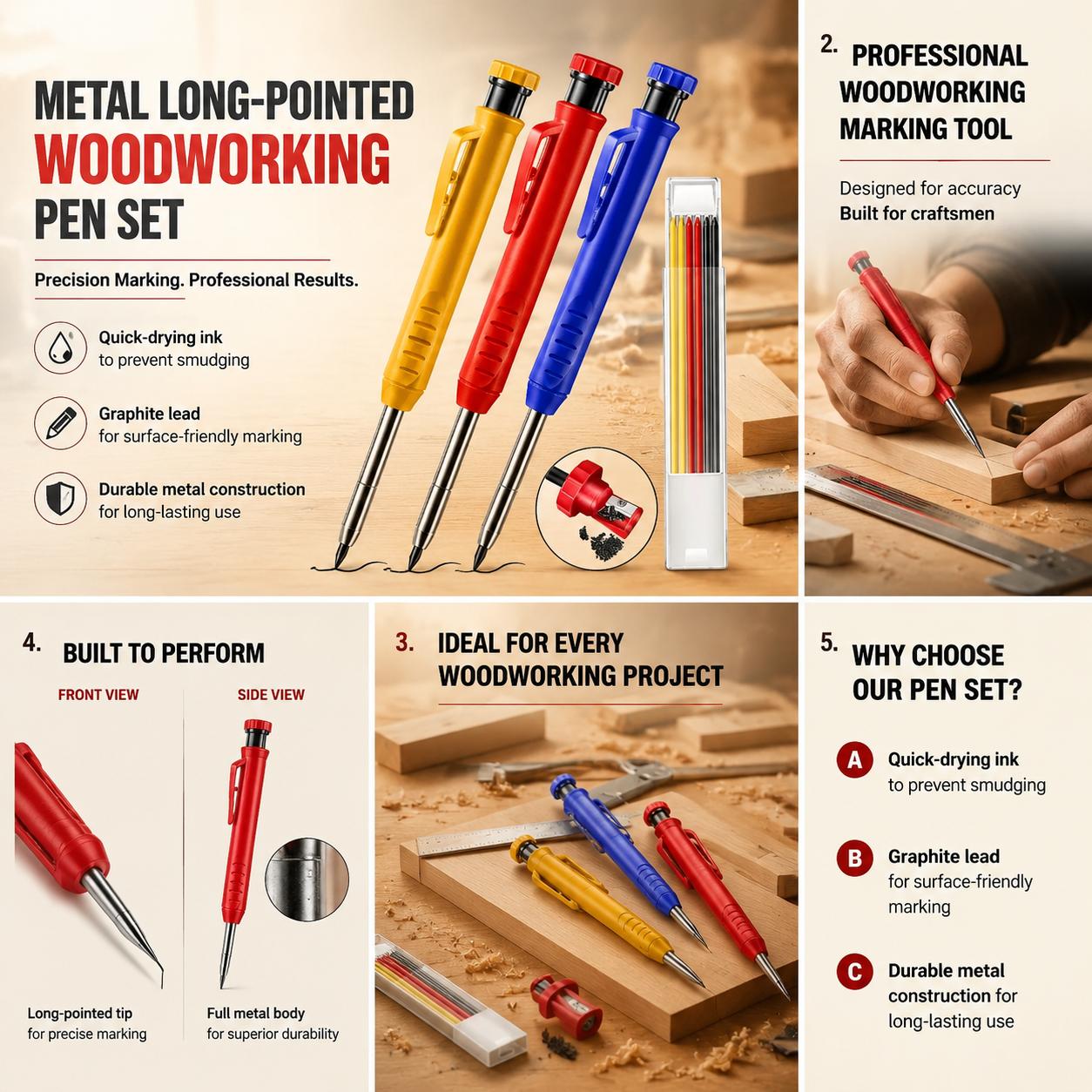 Workshop Tools In Engineering - ดินสอเขียนงานไม้ปลายโลหะแบบมืออาชีพ สำหรับทำเครื่องหมายในรูลึก ไส้กราไฟต์ แห้งเร็ว ชุดดินสอกด ดินสอเขียนแบบ