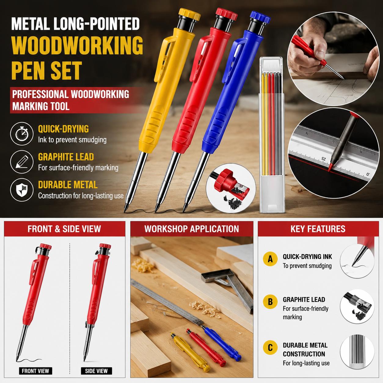 Workshop Tools In Engineering - ดินสอเขียนแบบโลหะปลายแหลมความแม่นยำสูงสำหรับงานไม้ แห้งเร็ว ไส้กราไฟต์ เขียนได้ลึก เหมาะสำหรับงานวิศวกรรม ช่างไม้